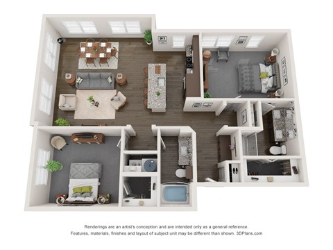 Floor plan for 2 beds, 2 baths, 1346 sqft